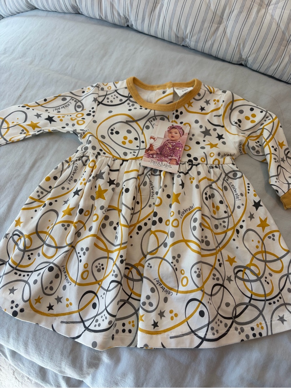 Celebration Print Long-Sleeve Kids Dress by Tea Baby - Yellow & Gray
